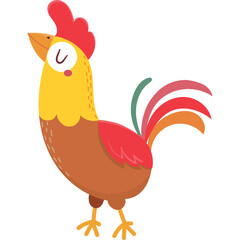 Cartoon Rooster Standing with Red Comb and Yellow Neck Brown Body with Colorful Tail Feathers on Transparent Background
