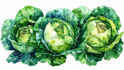 Fototapeta premium Three vibrant watercolor cabbages with detailed green leaves and layered textures vegetable food nature isolated on white background.