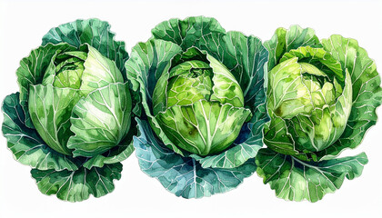 Fototapeta premium Three Fresh Green Cabbages Displayed Watercolor Style Food Vegetable Healthy Organic isolated on white background.
