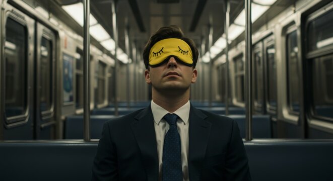 A man in a suit sleeps on the subway after a hard day at work in the office