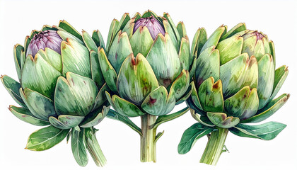 Fototapeta premium Three watercolor artichokes with purple centers and green leaves food vegetable isolated on white background.