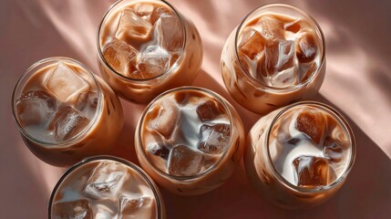Six clear glasses filled with creamy iced coffee sit on a soft pink backdrop, illuminated by the warm glow of evening sunlight. The ice cubes glisten, inviting refreshment