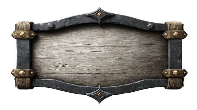 Ornate wooden sign with metal frame