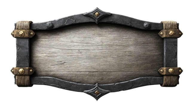 Ornate wooden sign with metal frame