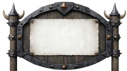 Rustic medieval wooden signpost with empty paper