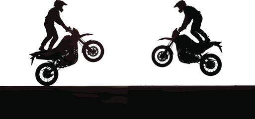 Silhouette vector illustration of motocross riders performing extreme motorcycle stunts and wheelies on dirt track showcasing action sport adventure.