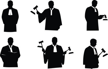 Silhouette vector illustration of judge holding gavel in courtroom, legal justice authority figure, lawyer decision making law enforcement design element.