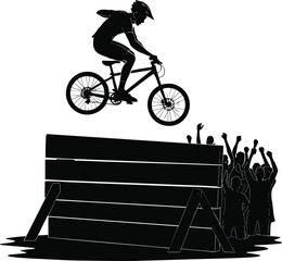 Fototapeta premium Silhouette vector of BMX cyclist performing extreme jump stunt over barrier with cheering crowd, action sport illustration for competition, challenge, and entertainment design.
