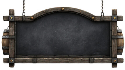 Obraz premium Rustic wooden sign with barrel accents, blank chalkboard