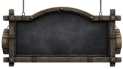 Rustic wooden sign with barrel accents, blank chalkboard