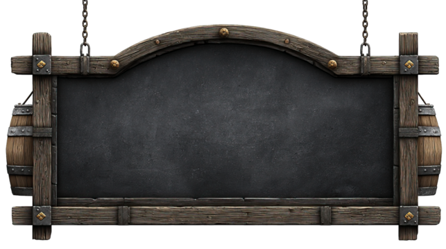 Rustic wooden sign with barrel accents, blank chalkboard