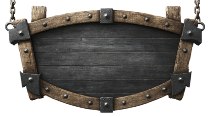 Rustic wooden sign hanging from chains