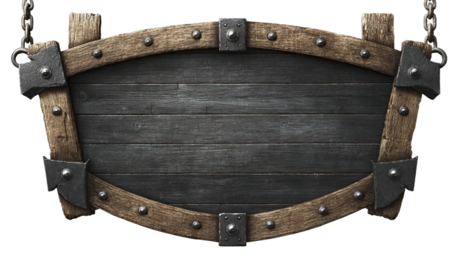 Rustic wooden sign hanging from chains