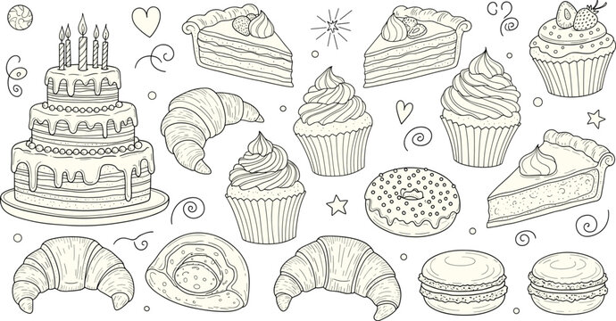 Black and white dessert vector illustration with cake, cupcakes, donuts, macarons, croissants &mdash; bakery sweets for menu and design use