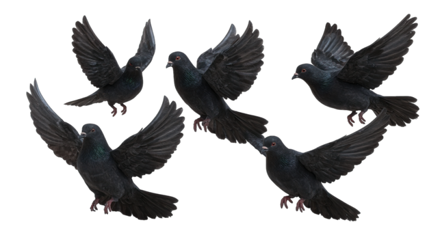 Five black birds in flight