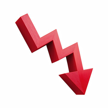 3D red downward arrow symbolizing decrease or financial loss, isolated on transparent background