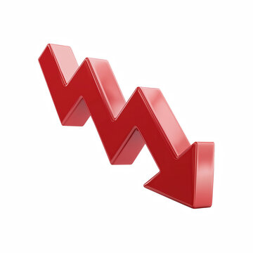 3D red downward arrow symbolizing decrease or financial loss, isolated on transparent background