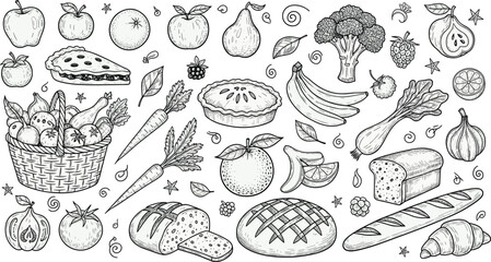 Obraz premium Black and white food vector illustration with fruits, vegetables, bread, pies — healthy meal elements in hand drawn sketch style