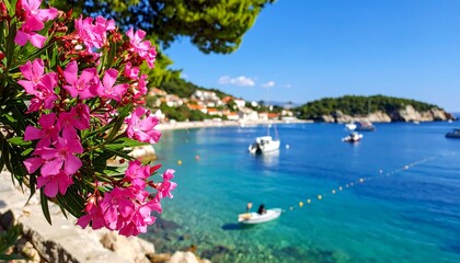 Vibrant pink flowers frame a serene coastal scene with boats and blue water