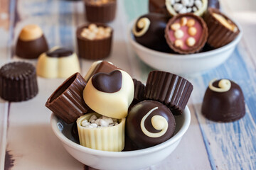 Assortment of chocolate pralines - closeup with selective focus