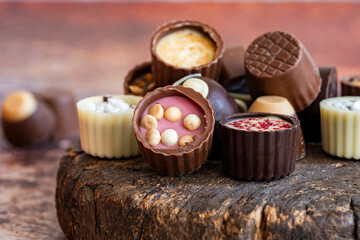 Assortment of chocolate pralines - closeup with selective focus