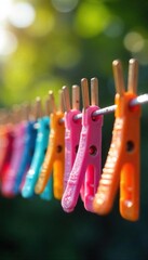 Sun-Drenched Clothes Pegs Drying Laundry on a Washing Line Sparkling Water Droplets, Vibrant Colors, Perfect SpringSummer Household Imagery