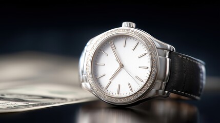 Fototapeta premium Lux wristwatch closeup, Premium timepiece showcasing wealth and professionalism, Closeup of luxury watch atop blurred currency for success