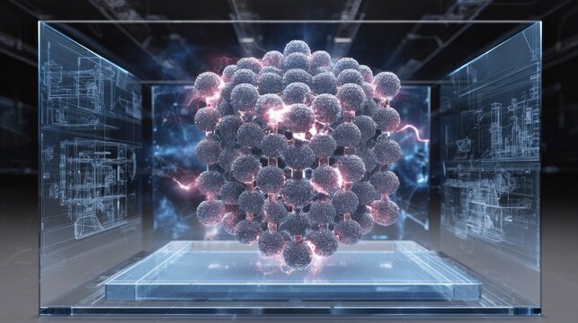 Scientific visualization of a 3D model of Lanthanum (La) atoms glowing in a dark virtual laboratory environment on a giant screen.