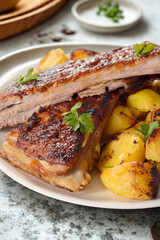 Delicious grilled pork ribs served with roasted potatoes