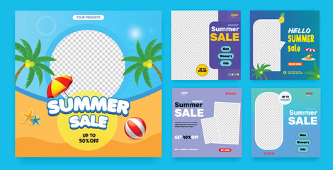 summer social media post, banner, ad template for summer sale discount offer for promotional summer advertising, summer beach pool party social media post