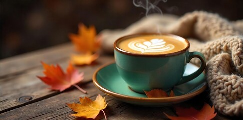 Steaming Latte on Rustic Wooden Table with Autumn Leaves and Cozy Blanket Perfect for Fall Relaxation