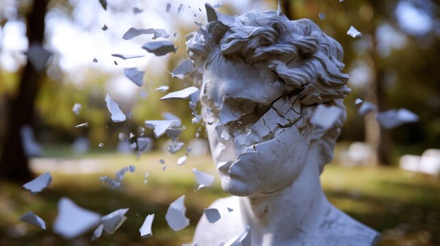White statue head shattering, fragments flying in nature