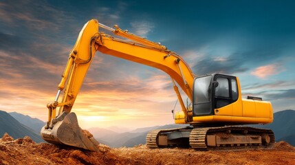 A bright yellow excavator digs into the earth as the sun sets behind distant mountains. The sky is painted with vibrant colors, highlighting the machinery's importance in construction