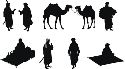 Silhouette illustration of Arabian people with camels, traders, sitting figures, traditional clothing, cultural lifestyle design, historical desert caravan vector.