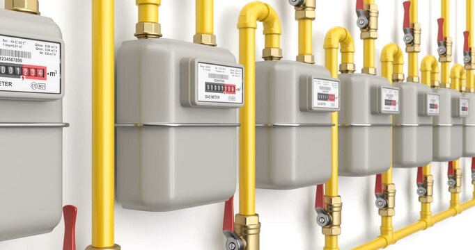 Camera moving along row of gas meter - 3D animation seamlessly loopable
