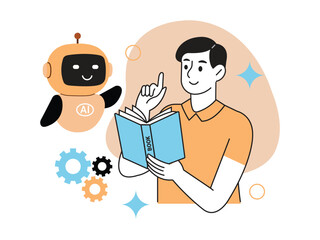 Man learning from robot concept artificial intelligence education technology studying book modern science vector
