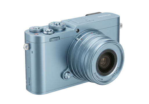 Isolated metallic blue digital camera for photography studio and creative content generation