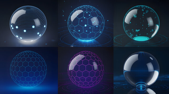 Six futuristic glowing spheres with geometric patterns and light effects on a dark background display