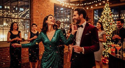 Joyful couple dancing with confetti in a festive Christmas party with friends in a brick-walled venue