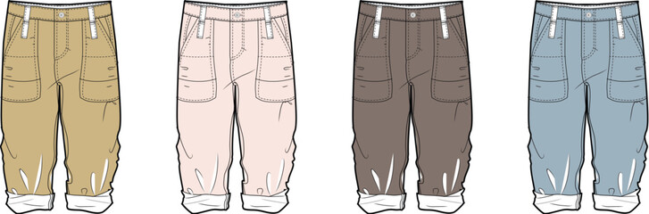 Set of colorful cargo knickerbocker pants with rolled cuffs, a versatile wardrobe essential shown in a technical flat vector illustration