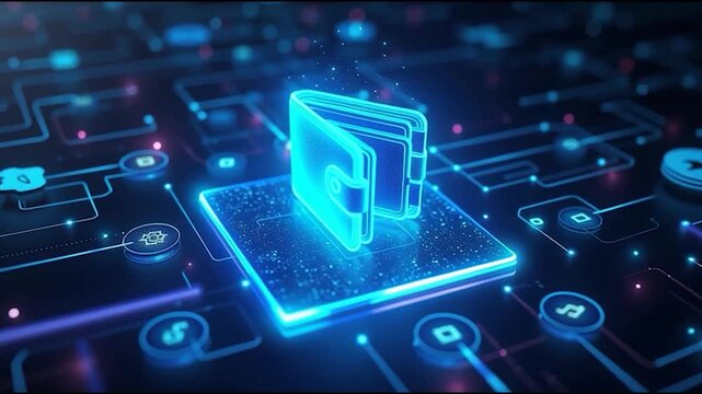 A glowing digital wallet icon on a futuristic digital interface, surrounded by various tech-related elements and glowing connections.