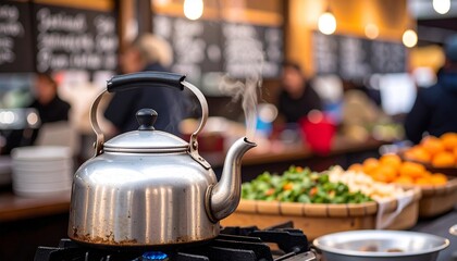 Steaming metal kettle on stove in food market with fresh ingredients in background
