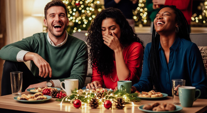 Three young adults laughing joyfully during a Christmas dinner gathering in a cozy, warmly lit living room with a decorated tree.