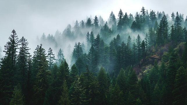 Misty Forest Canopy With Tall Evergreen Trees