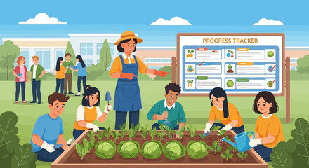 Students collaborating in community garden with instructor for an eco project