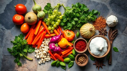 Colorful Asian ingredients arranged on a stone surface, showcasing fresh herbs and spices.