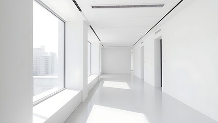 Fototapeta premium Modern white office corridor with large windows and clean lines.