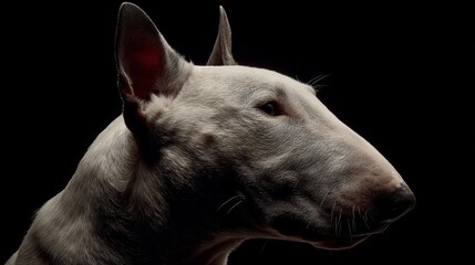 Bull terrier profile in low light showcasing unique features and strong expression