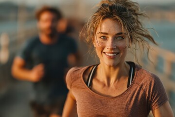 Happy young couple running together outdoors during sunset