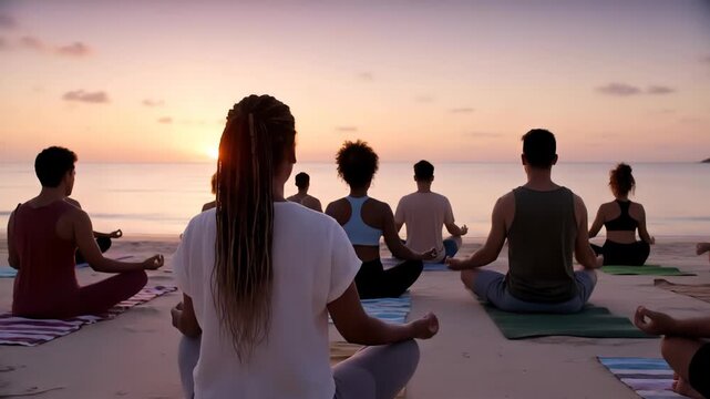 A serene scene of diverse individuals practicing meditation in a seated lotus position on yoga mats. The sun is setting over the ocean, casting a warm, golden light and silhouette effect on the group.
